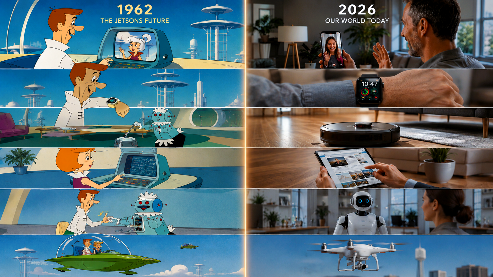The Jetsons’ 1962 vision of the future compared with similar everyday technologies in 2026