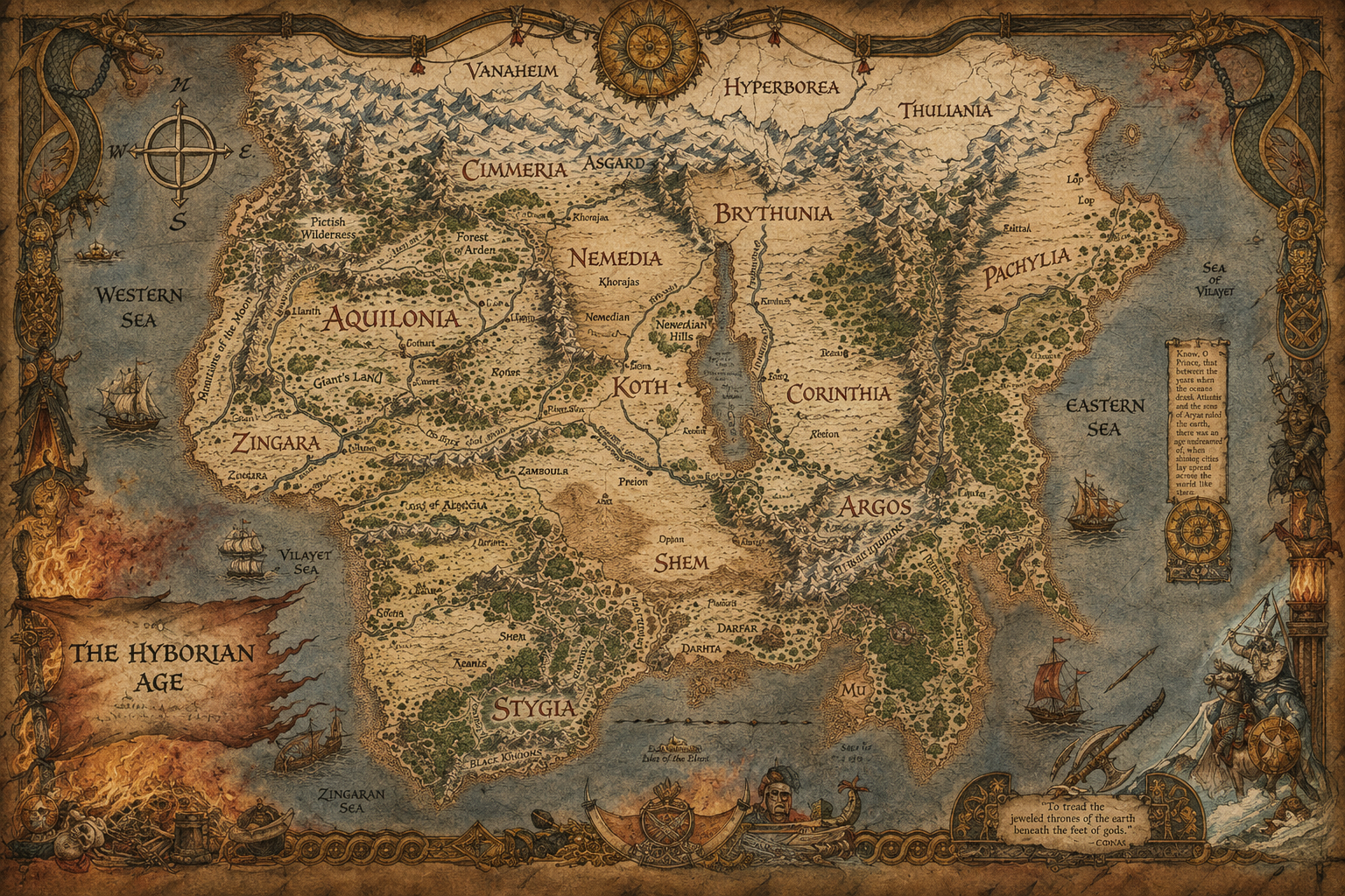 A richly illustrated map of the Hyborian Age, inspired by Robert E. Howard's original designs, depicting the kingdoms, seas and ancient lands that formed the setting for Conan's adventures.