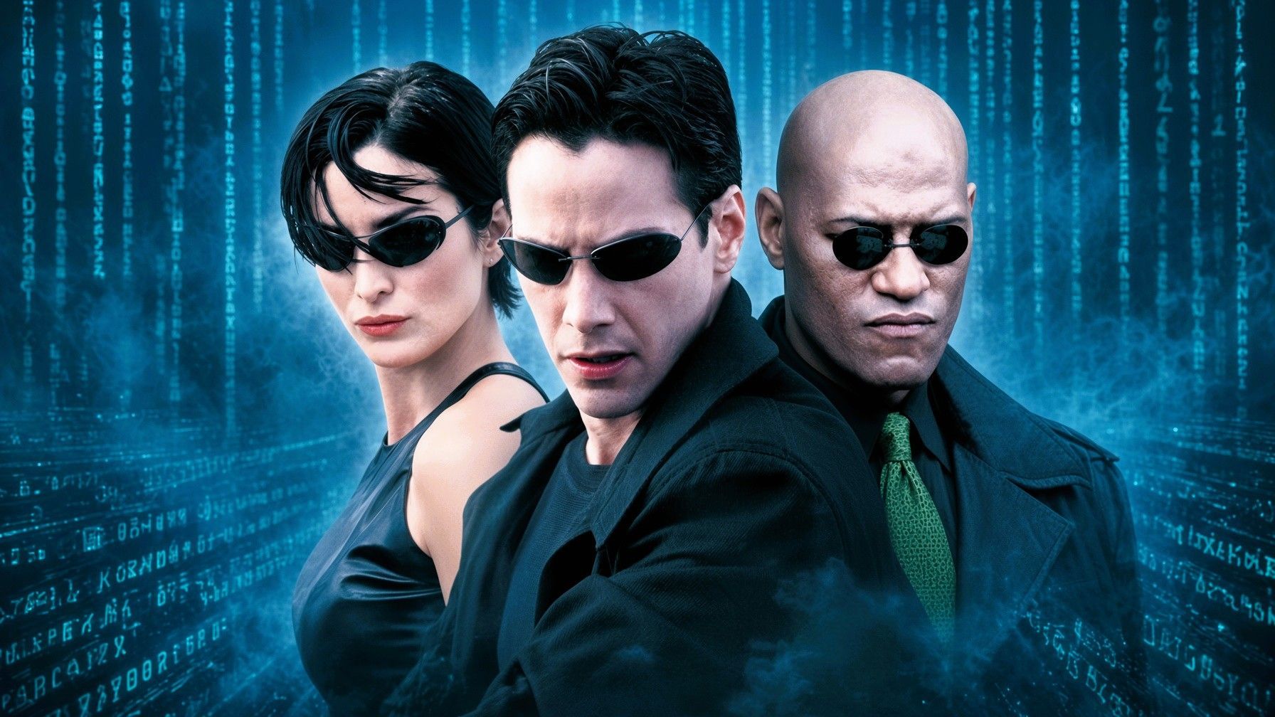 Neo, Trinity and Morpheus from the original 1999 film The Matrix against a backdrop of cascading digital code.