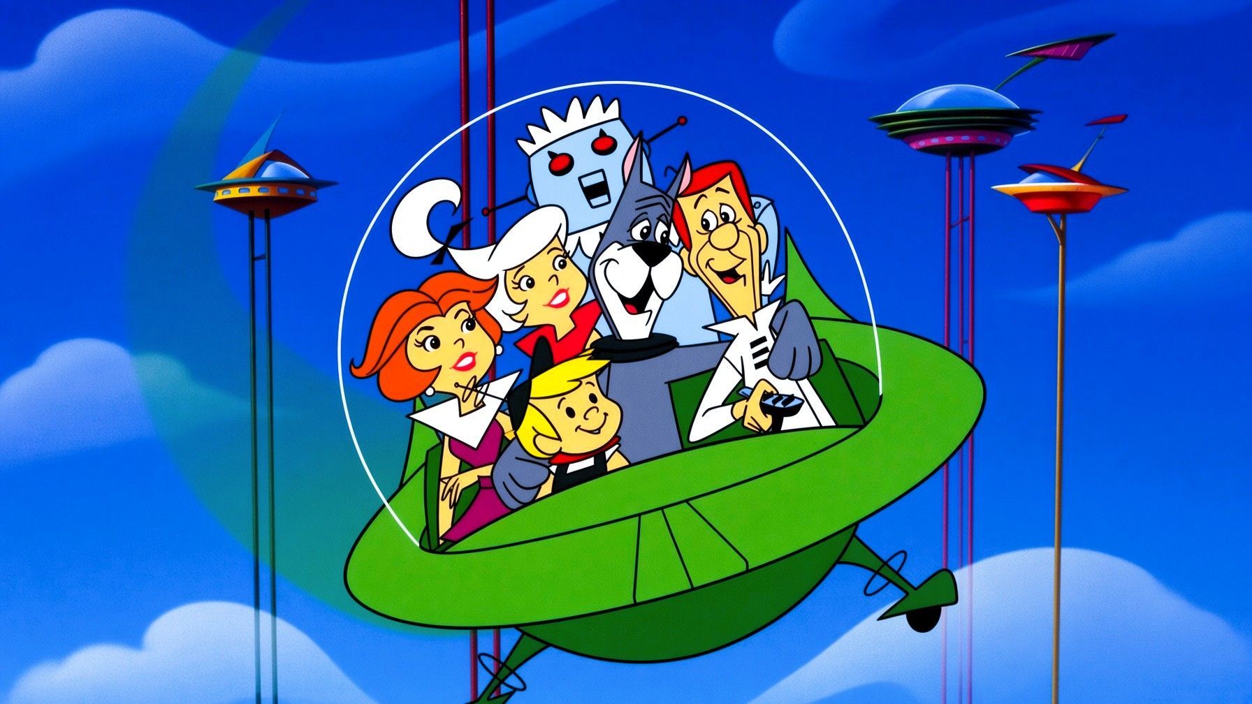 The Jetsons family flying through Orbit City in their futuristic car