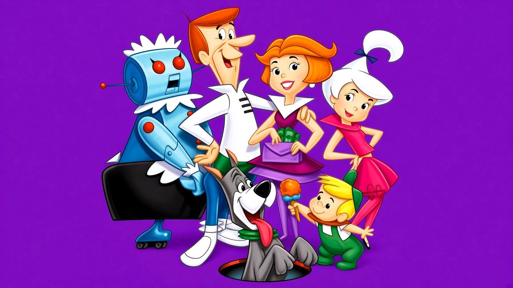 The Jetson family together with George, Jane, Judy, Elroy, Rosie and Astro