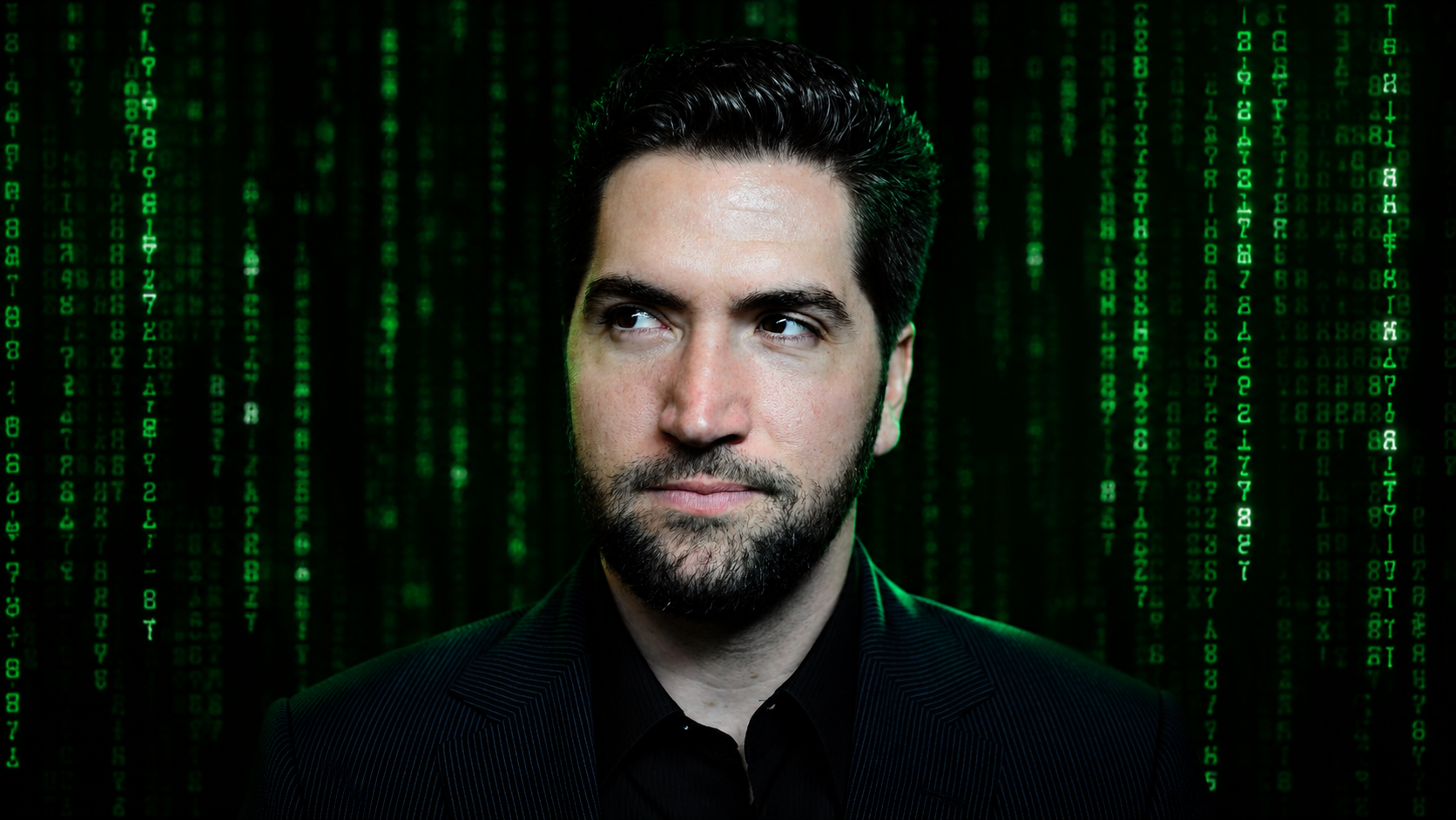 Drew Goddard pictured against the cascading green digital code of The Matrix ahead of writing and directing the fifth film.