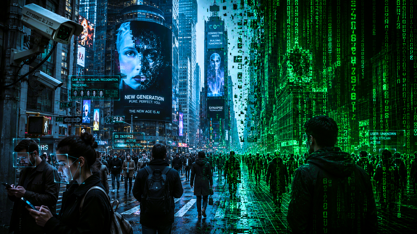 A modern city filled with digital screens and smartphones gradually transforms into the cascading green code of The Matrix.