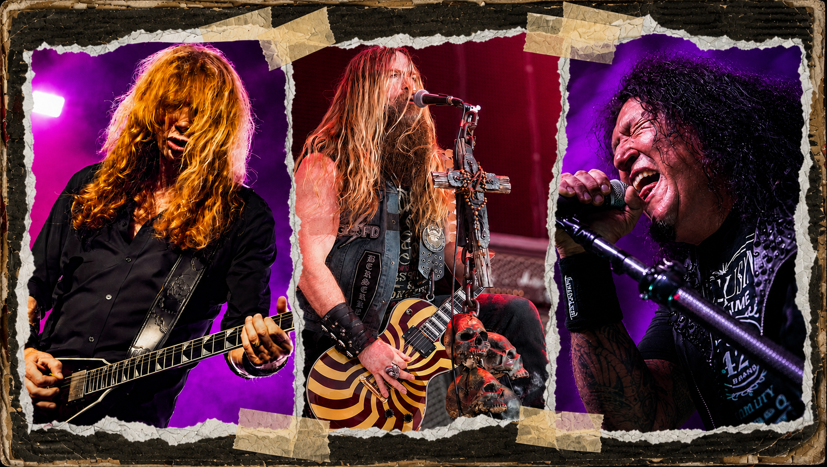 Dave Mustaine, Zakk Wylde and Chuck Billy perform live in a scrapbook-style collage combining three concert photographs under vivid purple stage lighting.