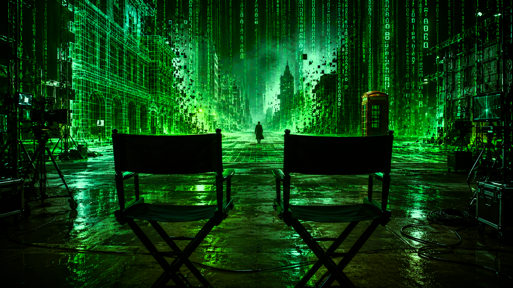 Two empty director's chairs face a partially constructed Matrix city dissolving into green digital code.