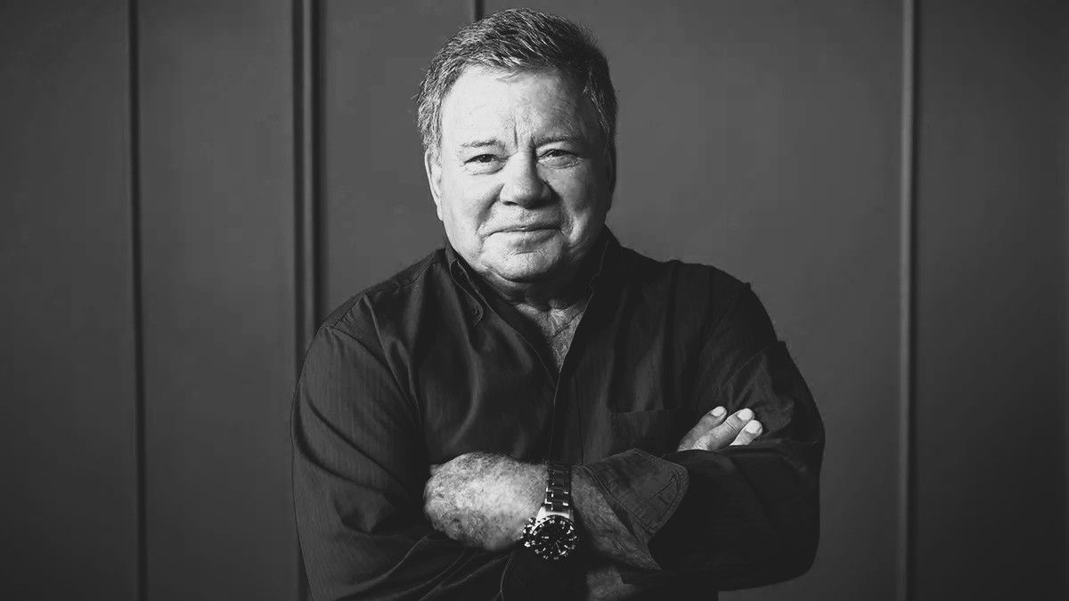 William Shatner continues to reinvent himself with an ambitious all-star heavy metal project. William Shatner in a black-and-white portrait reflecting on his latest creative venture into heavy metal music.