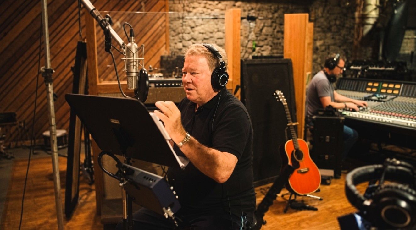 William Shatner recording vocals in a professional music studio for his latest all-star heavy metal project.