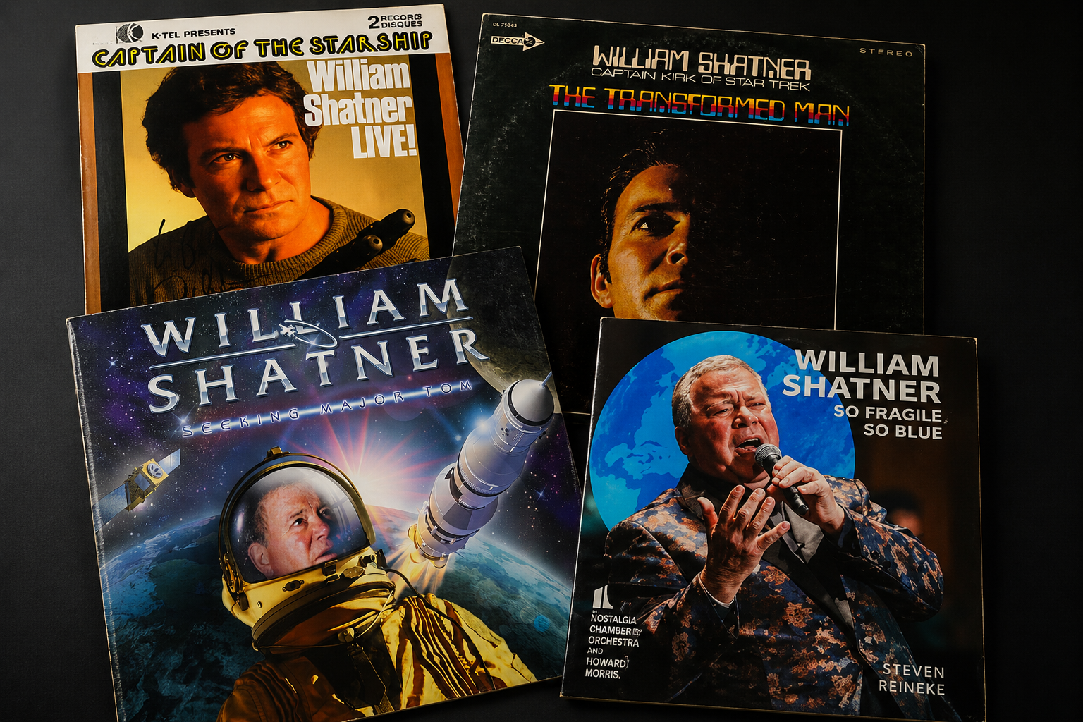 A collection of William Shatner's music releases spanning several decades, illustrating his long-standing recording career.