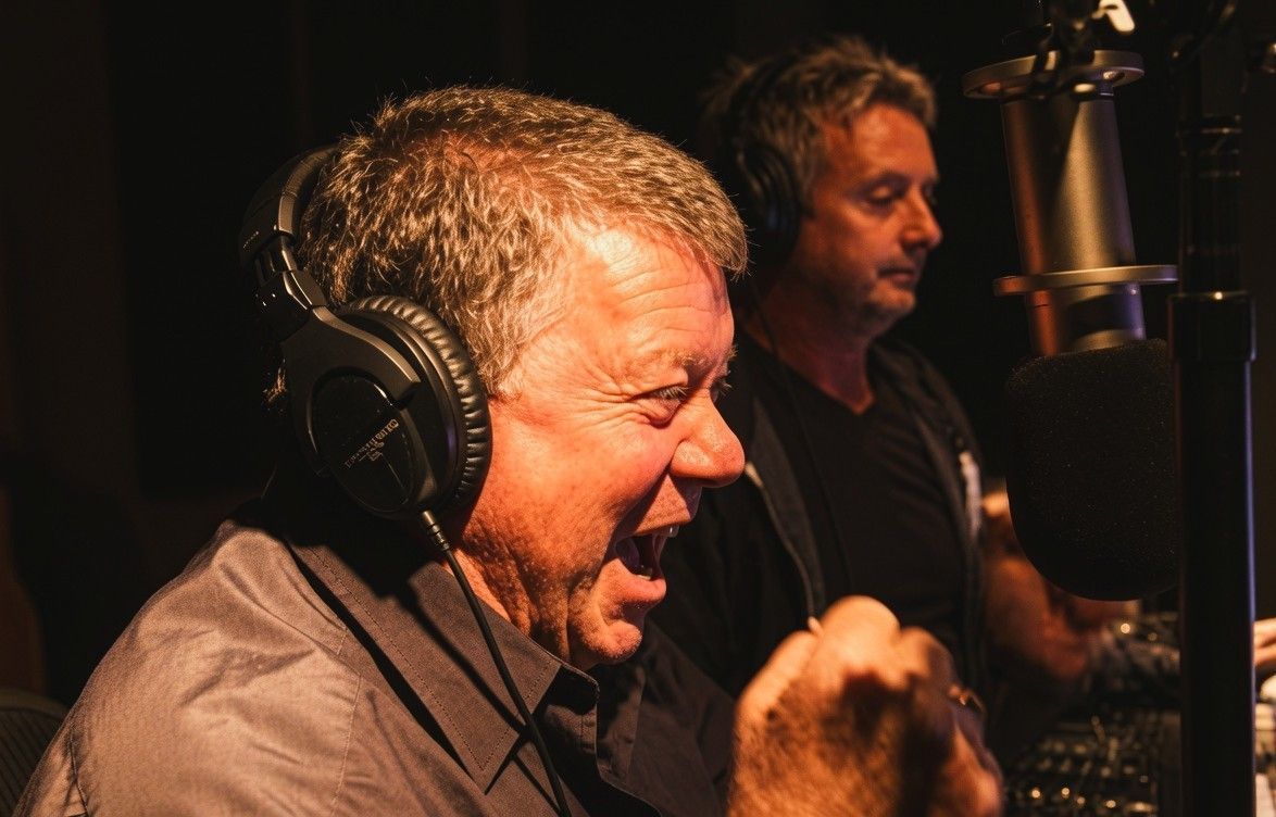 William Shatner recording vocals in the studio for his all-star heavy metal music project.