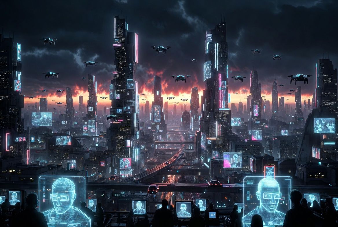 Futuristic megacity filled with drones, digital advertising and surveillance technology, reflecting the dystopian world envisioned by RoboCop.