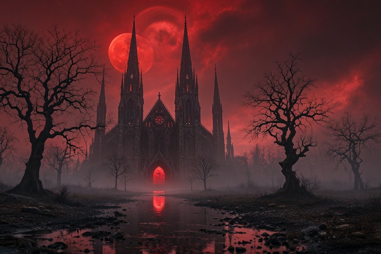 Gothic cathedral beneath a blood-red moon in artwork inspired by John Carpenter's Cathedral