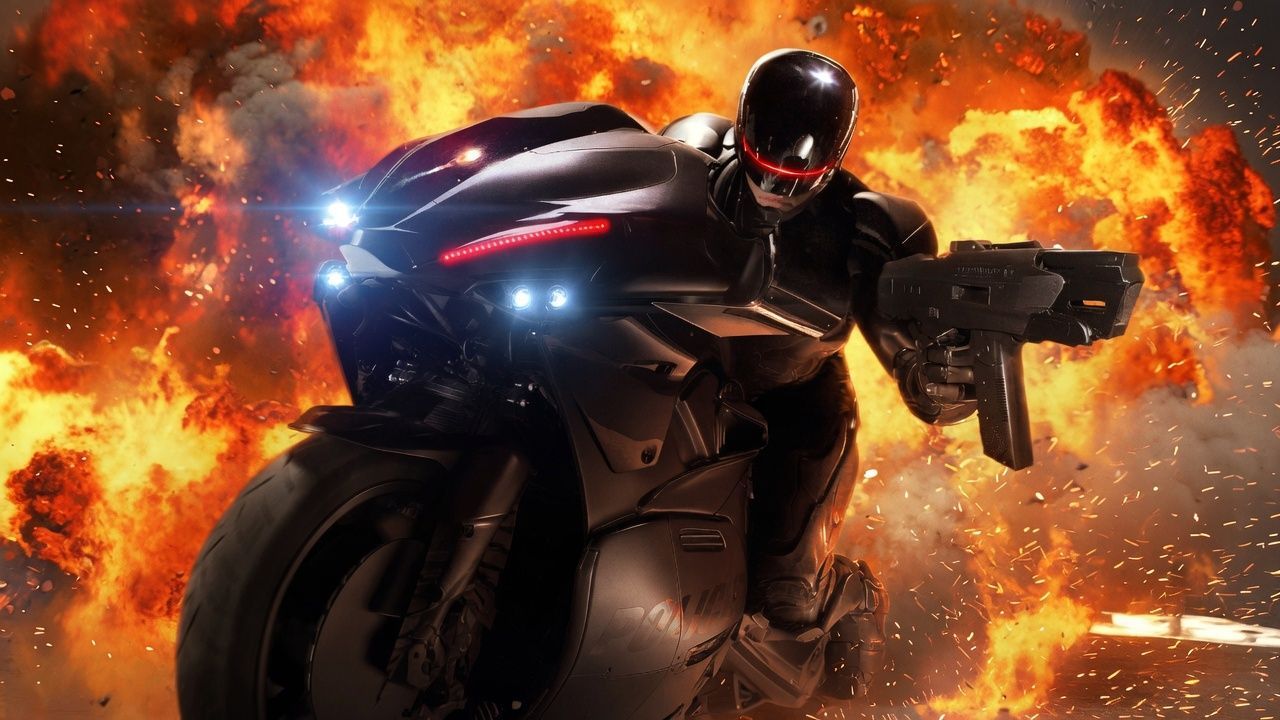RoboCop races through an explosion on his police motorcycle, symbolising the immense expectations surrounding Amazon MGM's new television adaptation.