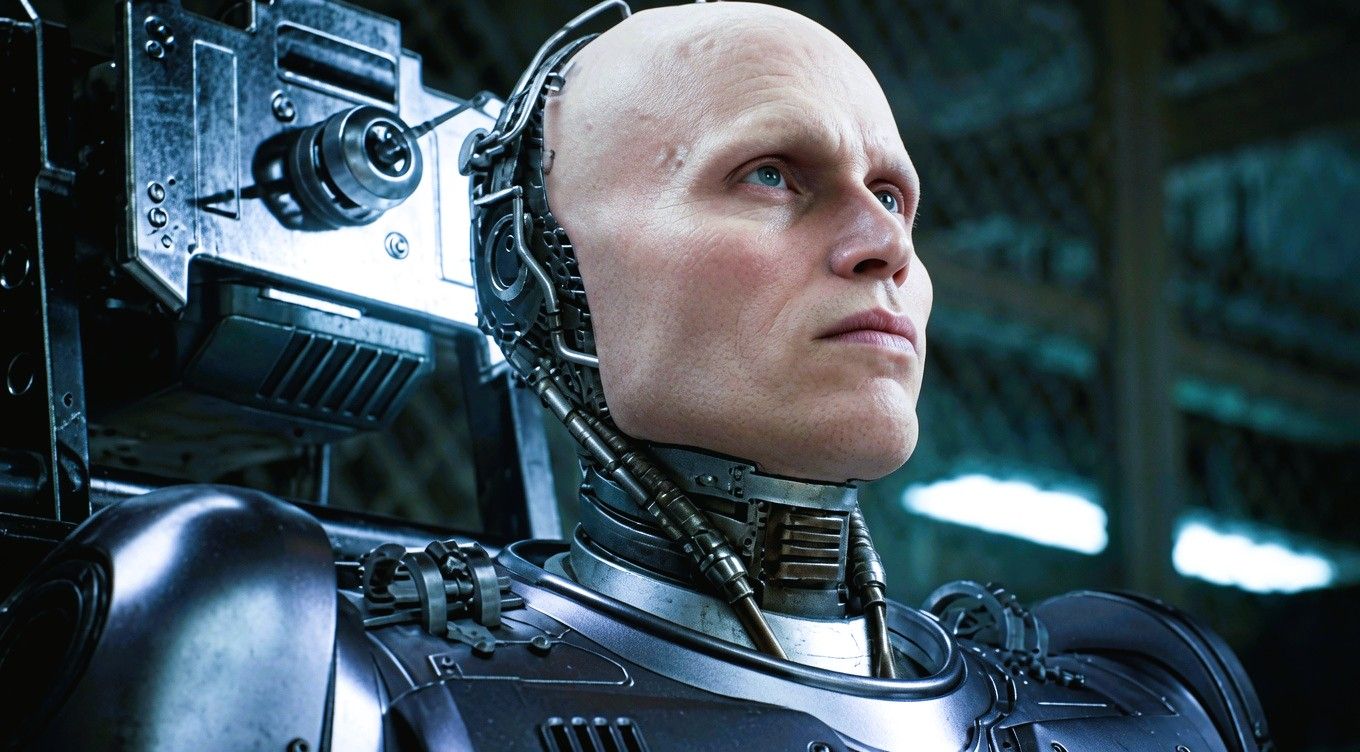 Close-up of Alex Murphy inside the RoboCop cybernetic body, highlighting the human identity beneath the machine.