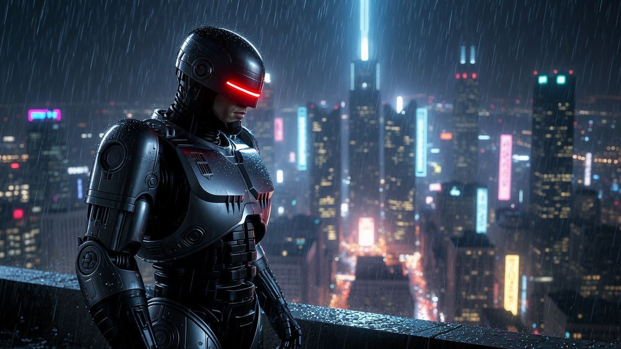 RoboCop overlooking a futuristic city skyline at night, reflecting the franchise's enduring themes of technology, corporate power and urban decay.