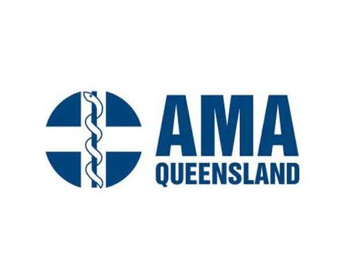 A blue and white logo for ama queensland