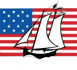 A drawing of a sailboat in front of an american flag