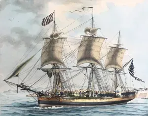 A painting of a large sailing ship in the ocean