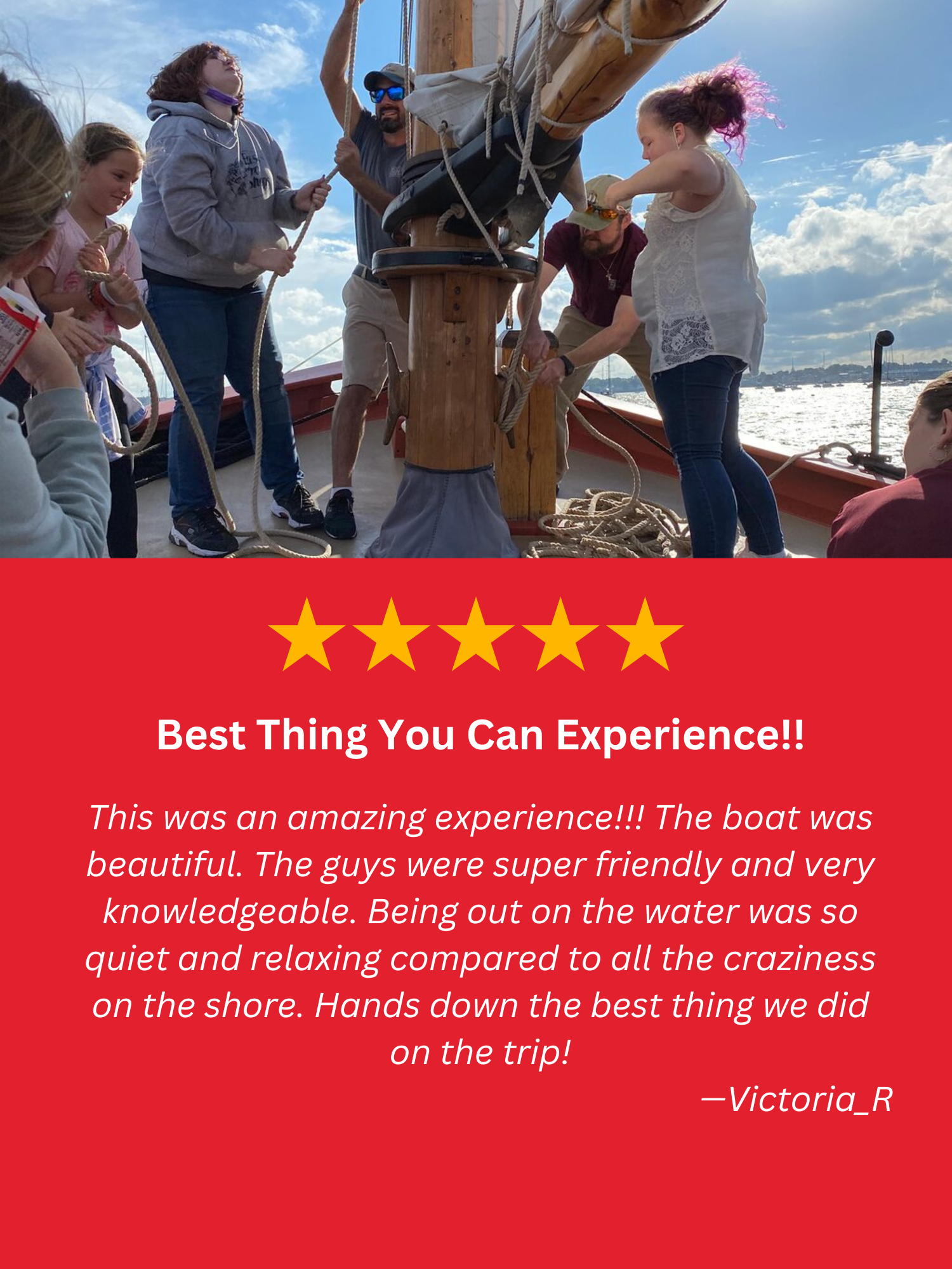 A group of people are raising sails on a boat tour in Salem