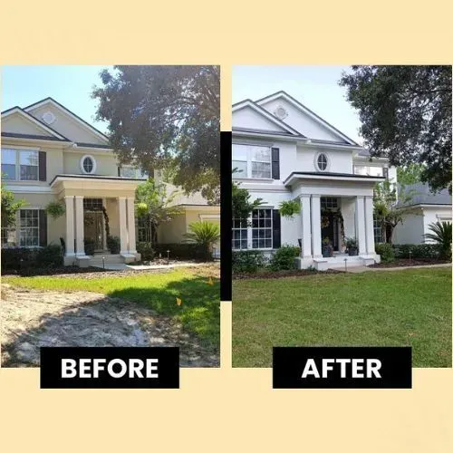 Before-and-after of a house exterior and lawn landscaping, showing a cleaner, brighter front yard.