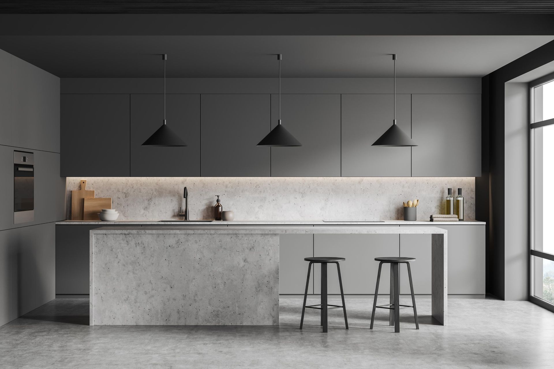 Modern gray minimalist kitchen with island, pendant lights, bar stools, and large window.
