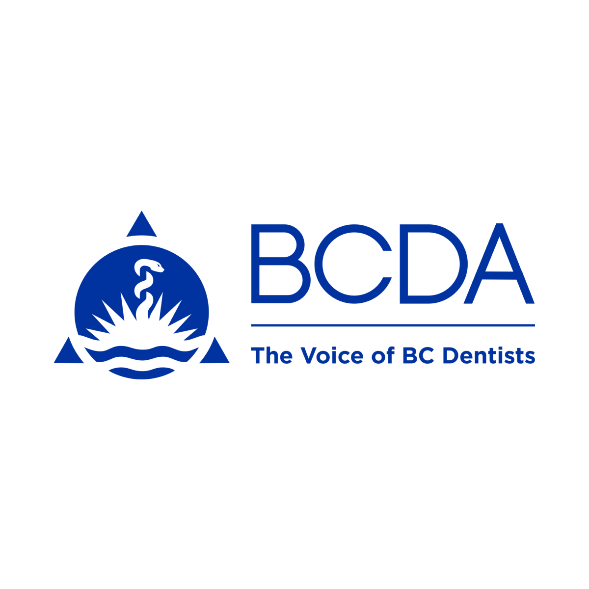 Blue logo of the British Columbia Dental Association, featuring a symbol of a rising sun and staff inside a triangle.