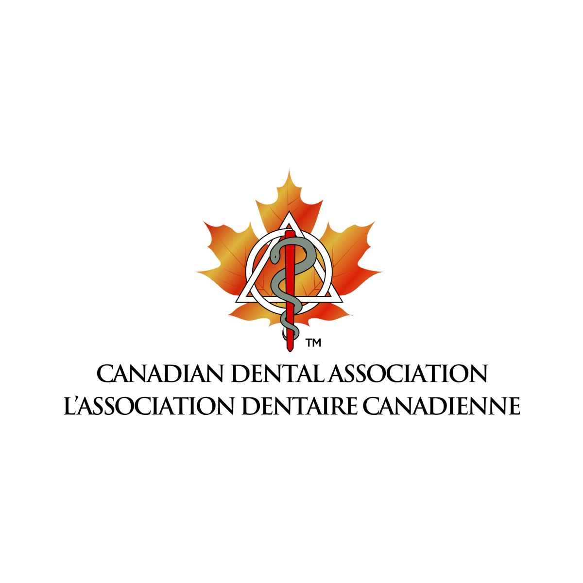 Logo for the Canadian Dental Association featuring a maple leaf, a triangle, and a serpent-entwined rod.