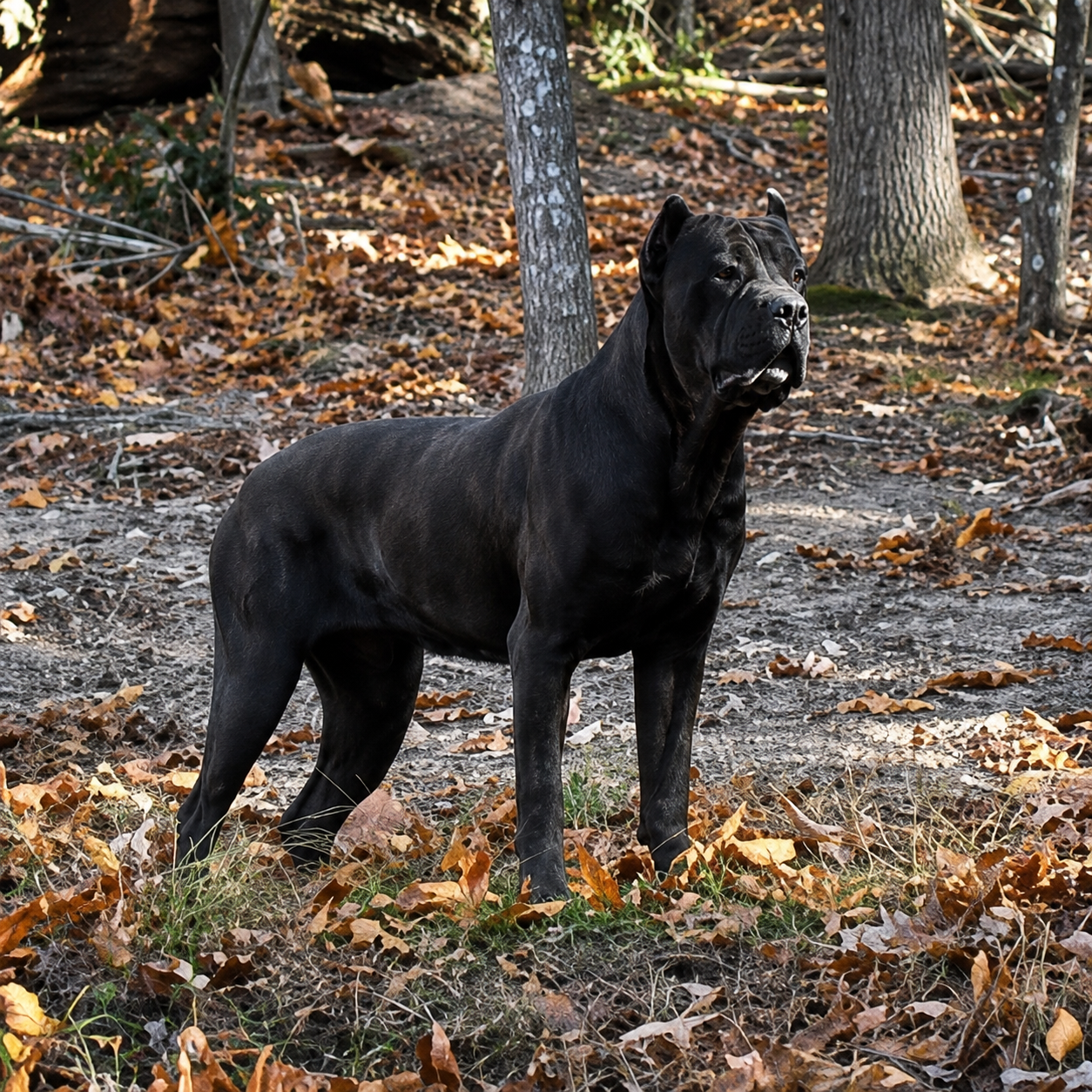 Black dog standing in a wooded area with fallen leaves
