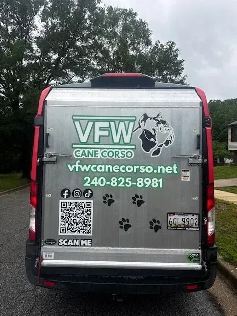 Silver VFW Cane Corso van with website, phone number, and QR code parked outdoors near trees.