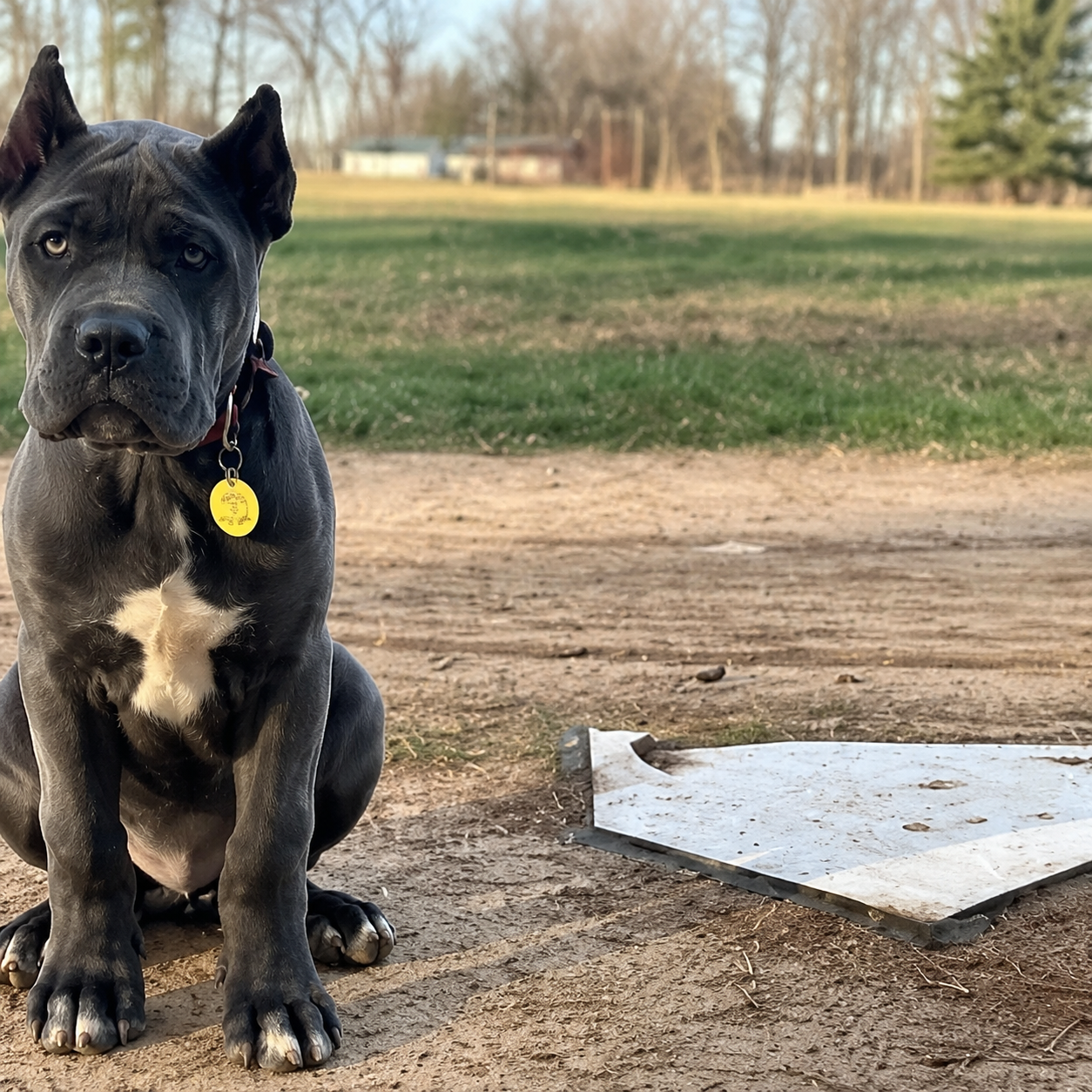 Black dog with a white chest sits on a dirt path beside a white arrow sign in a park.