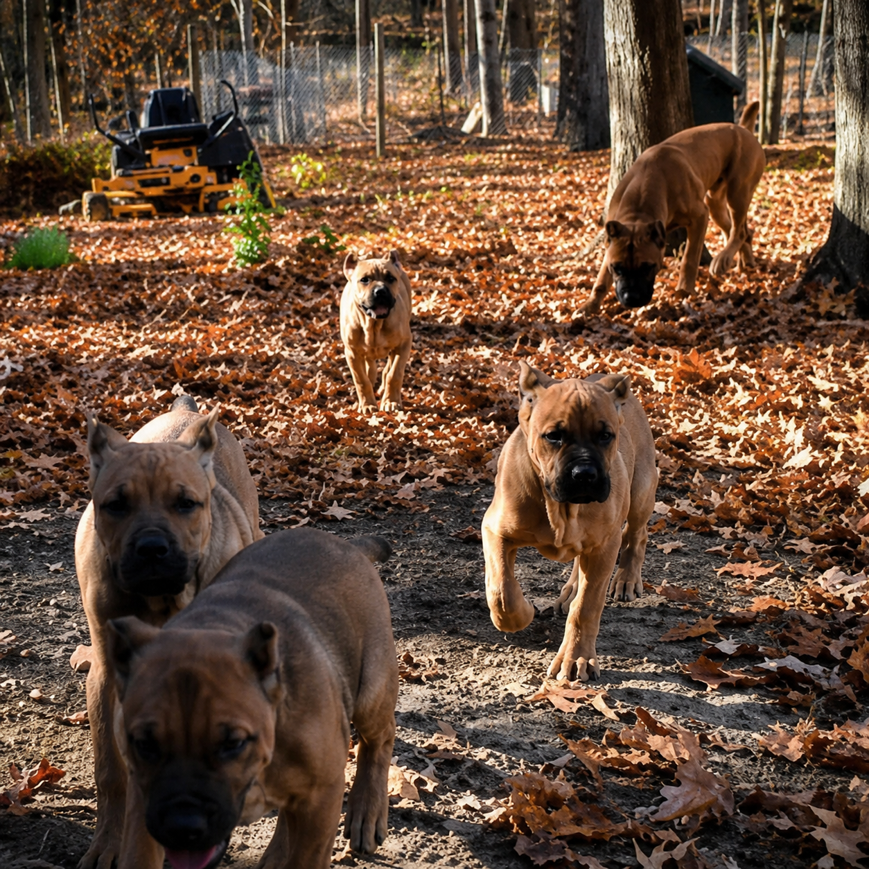 Five tan dogs running through a leafy forest, with one smaller dog in the center.