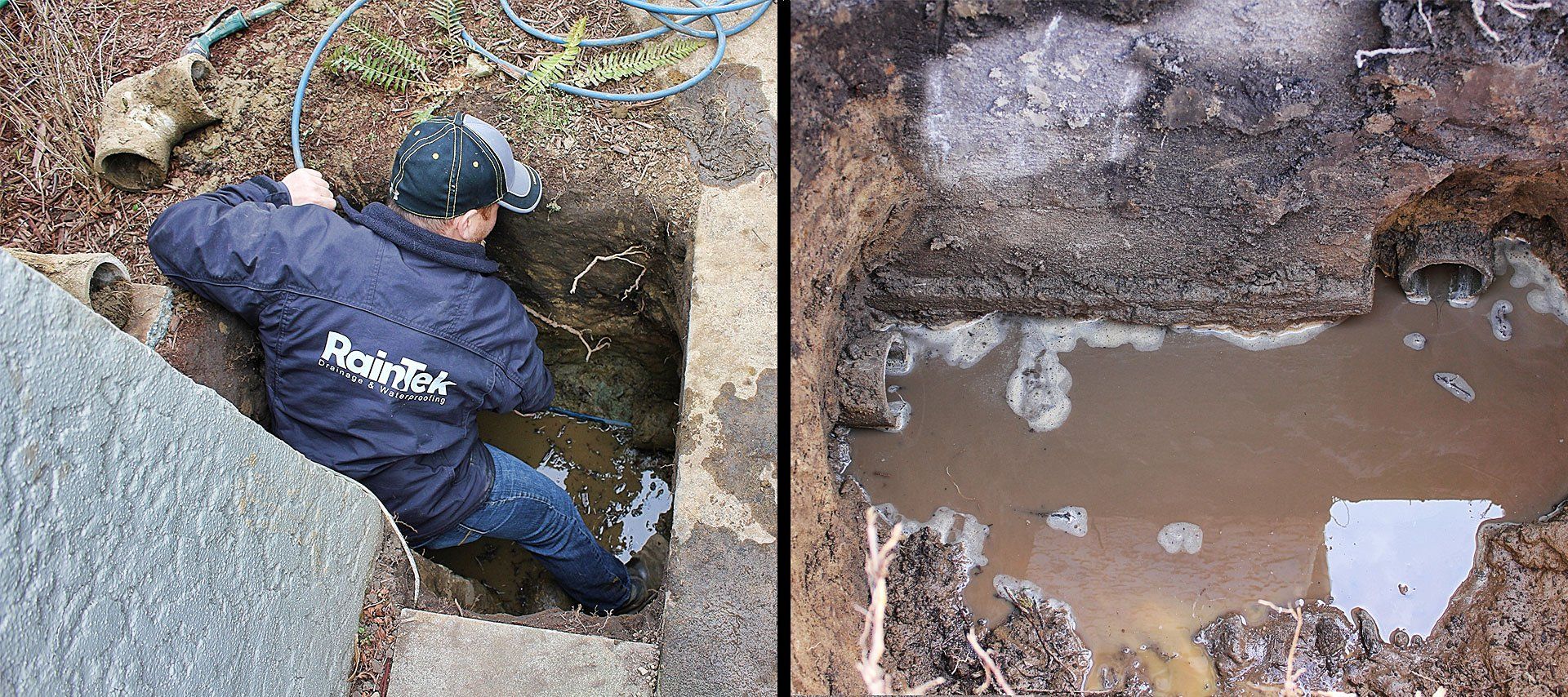 Two photos, the left one showing RainTek worker in hole using a hydro jetting machine, the right image showing water being flushed out of clogged pipe