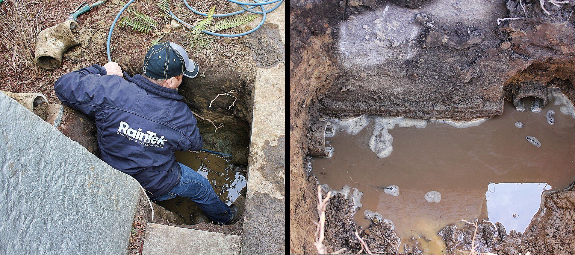 RainTek worker using hydro-jetting to clean drain pipes in Victoria British Columbia Canada