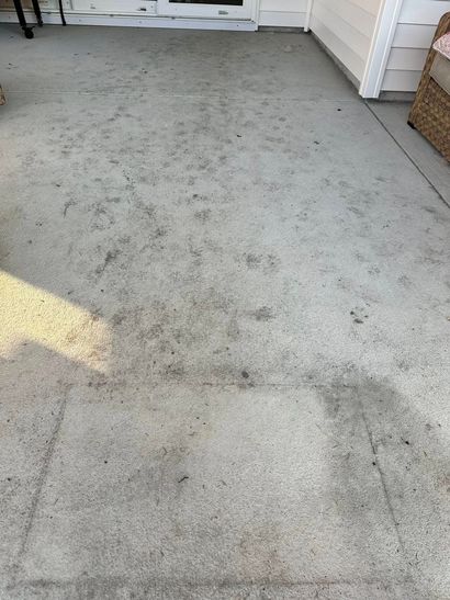Light gray speckled carpet on a covered porch with white siding and wicker furniture edges.