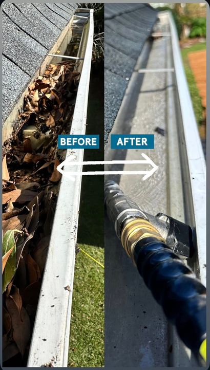 Before-and-after gutter cleaning: clogged gutter with debris beside a clean roof edge.
