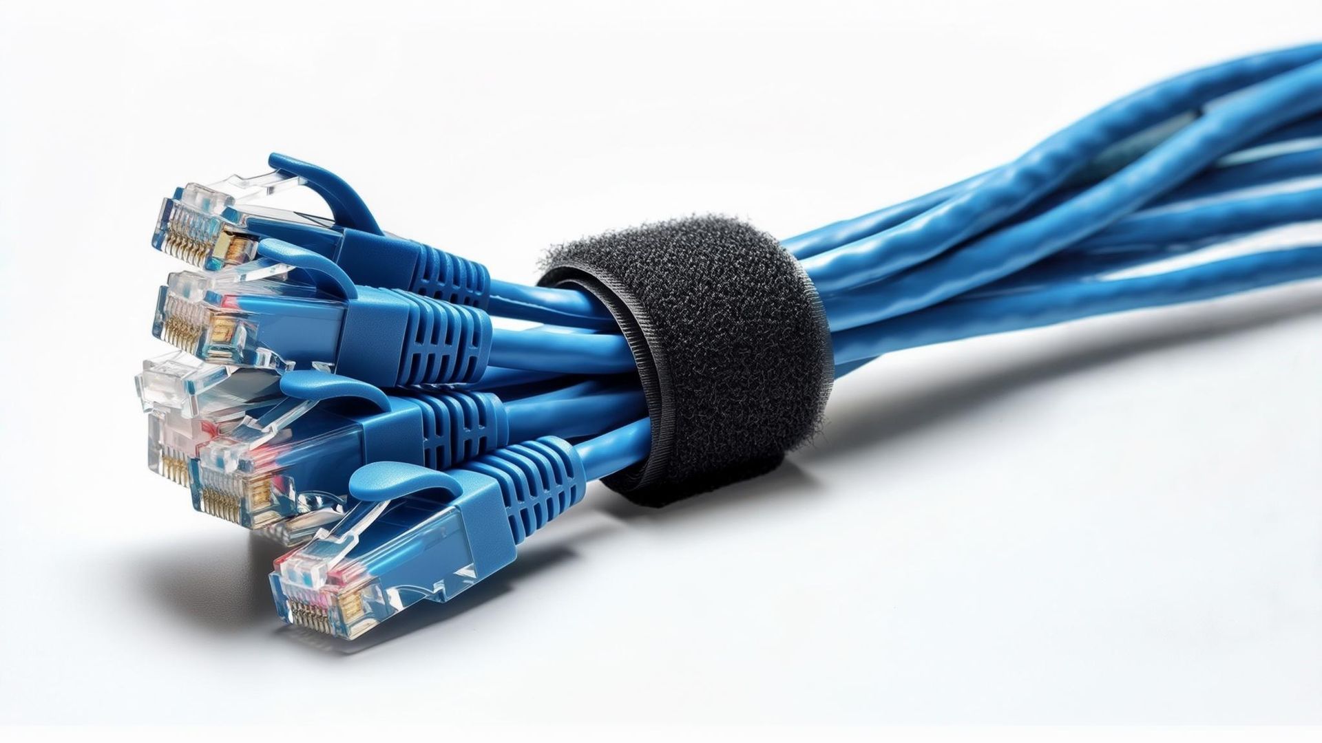Blue Ethernet cables bundled together with a black velcro strap on a white surface.