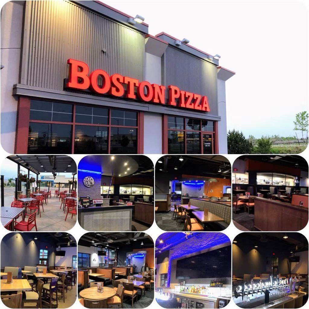 Boston Pizza restaurant exterior and interior views. Red sign on gray building, dining rooms, bars.