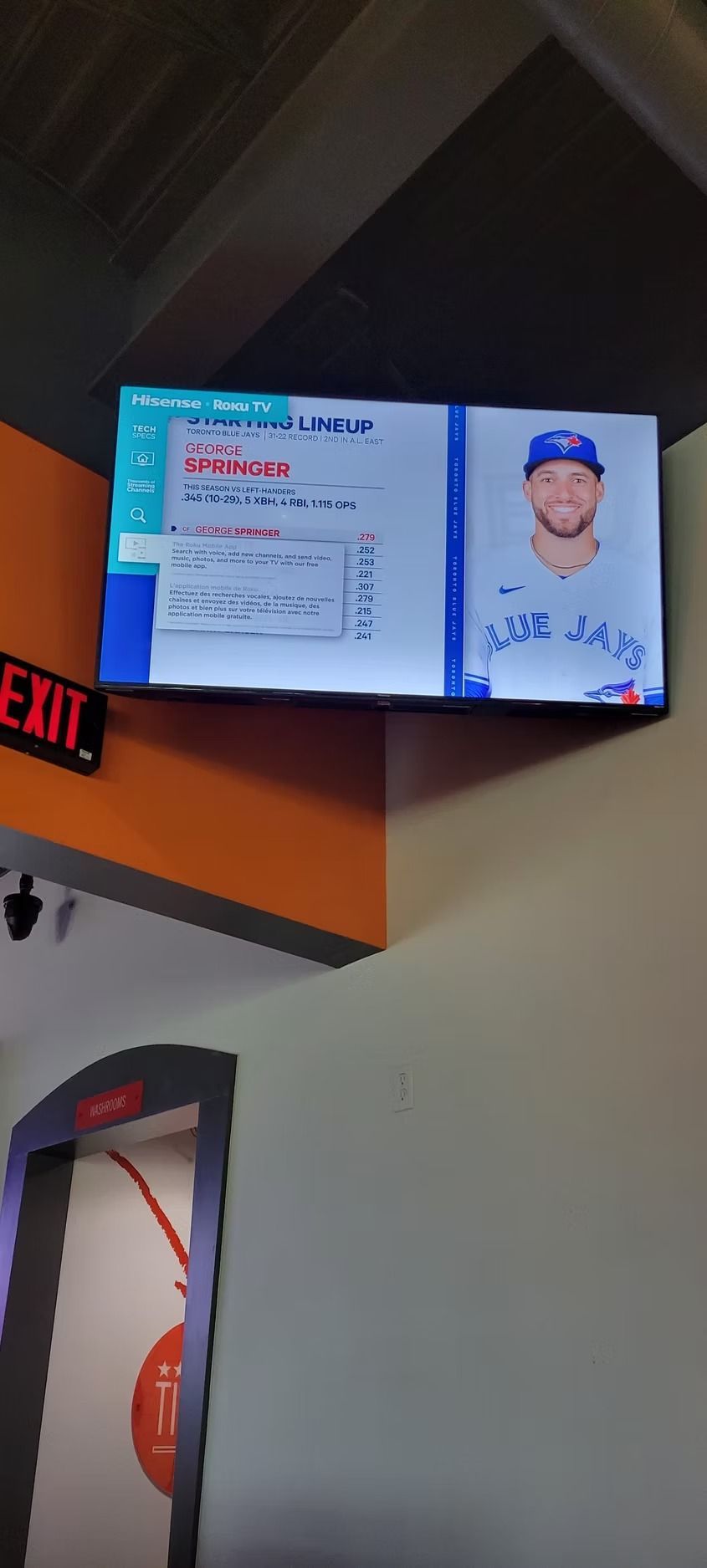 A television screen displaying a baseball player from the Toronto Blue Jays, mounted on a wall.