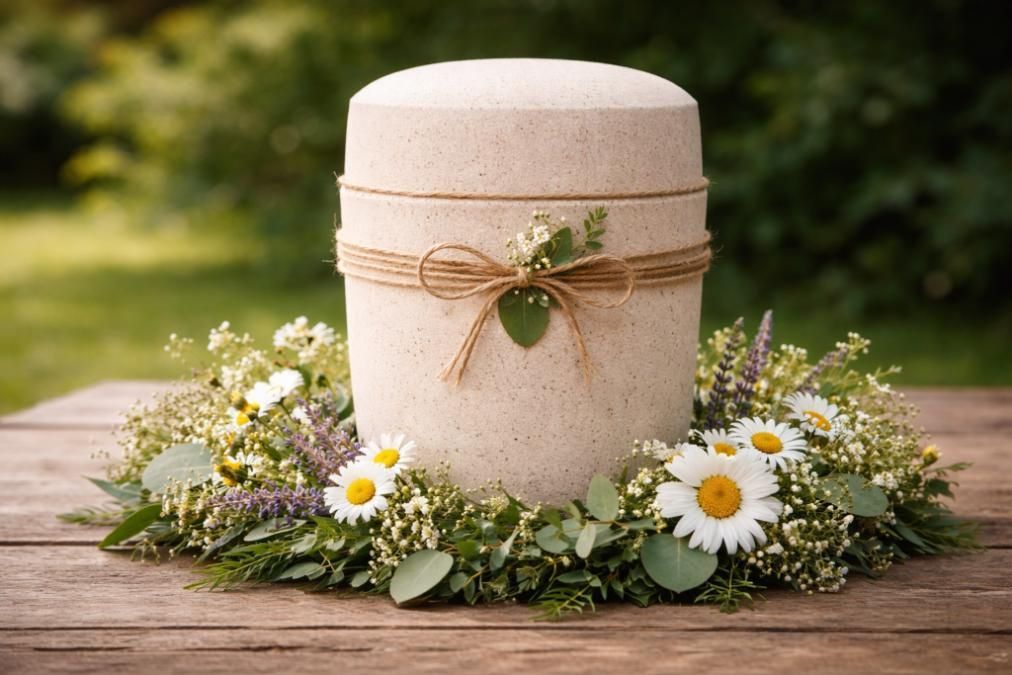 Biodegradable urn with wildflowers on wooden table, funeral home and cremations Bernalillo, NM