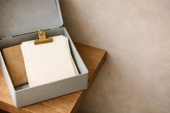 Blank authorization papers and a kraft envelope organized in a home filing box beside an adobe wall.