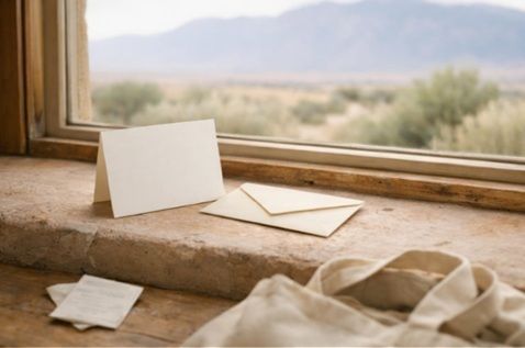 Blank condolence card and envelope on an adobe windowsill beside a grocery tote