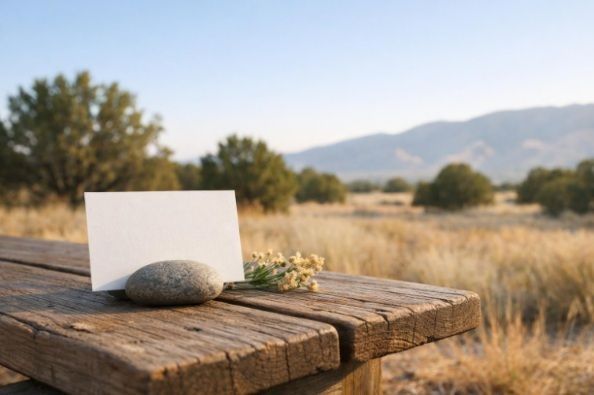 Blank note card and desert wildflowers on a wooden bench in a quiet New Mexico cemetery setting