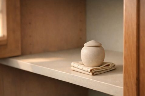 Small ceramic memorial keepsake vessel beside a measuring tape on an empty cabinet shelf