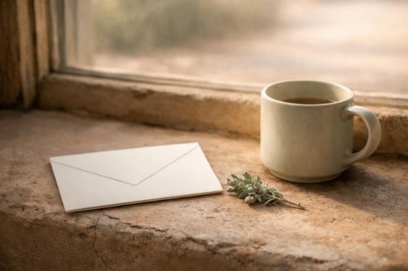 Unwritten condolence card, ceramic mug, and desert sage on a sunlit adobe windowsill