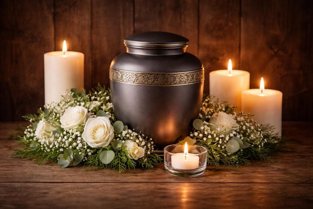 Decorative urn with candles and white flowers, funeral home and cremations Rio Rancho, NM