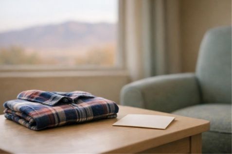 Folded favorite shirt and quiet chair in a Rio Rancho viewing room for cremation services Rio Rancho