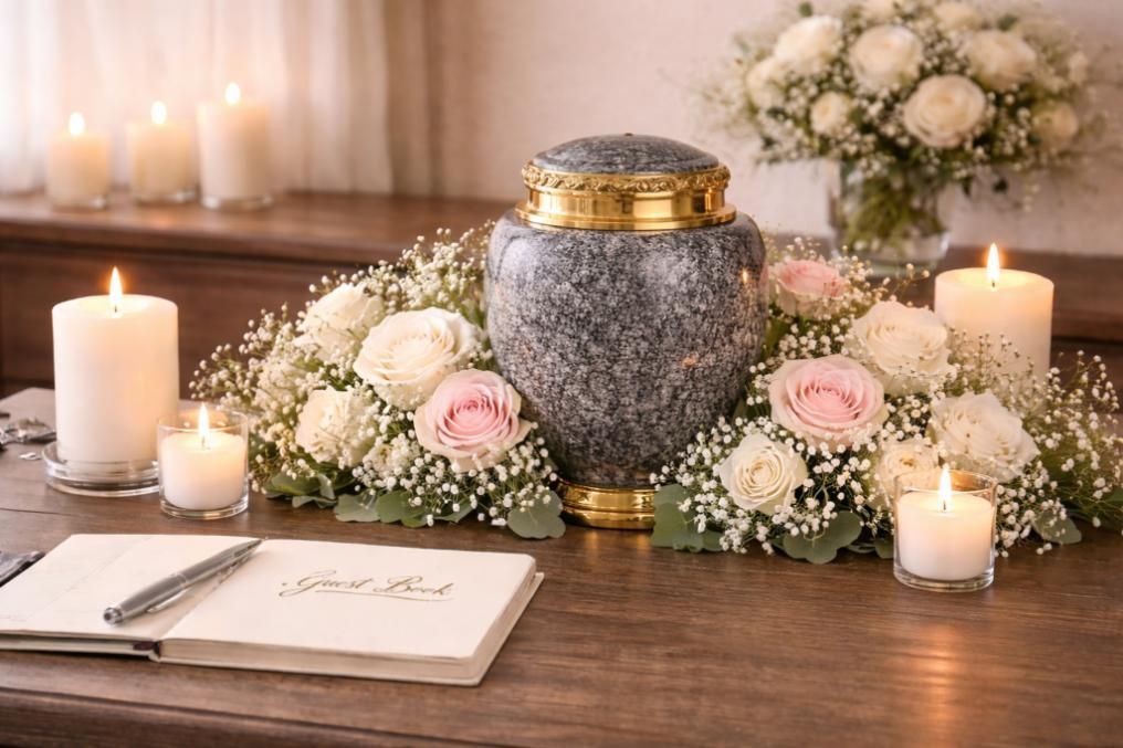 Granite urn with flowers and candles, funeral home and cremations Albuquerque, NM