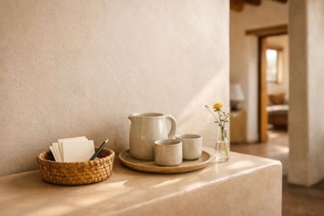 Blank memory cards in a woven basket beside water and a desert wildflower in a calm home reception