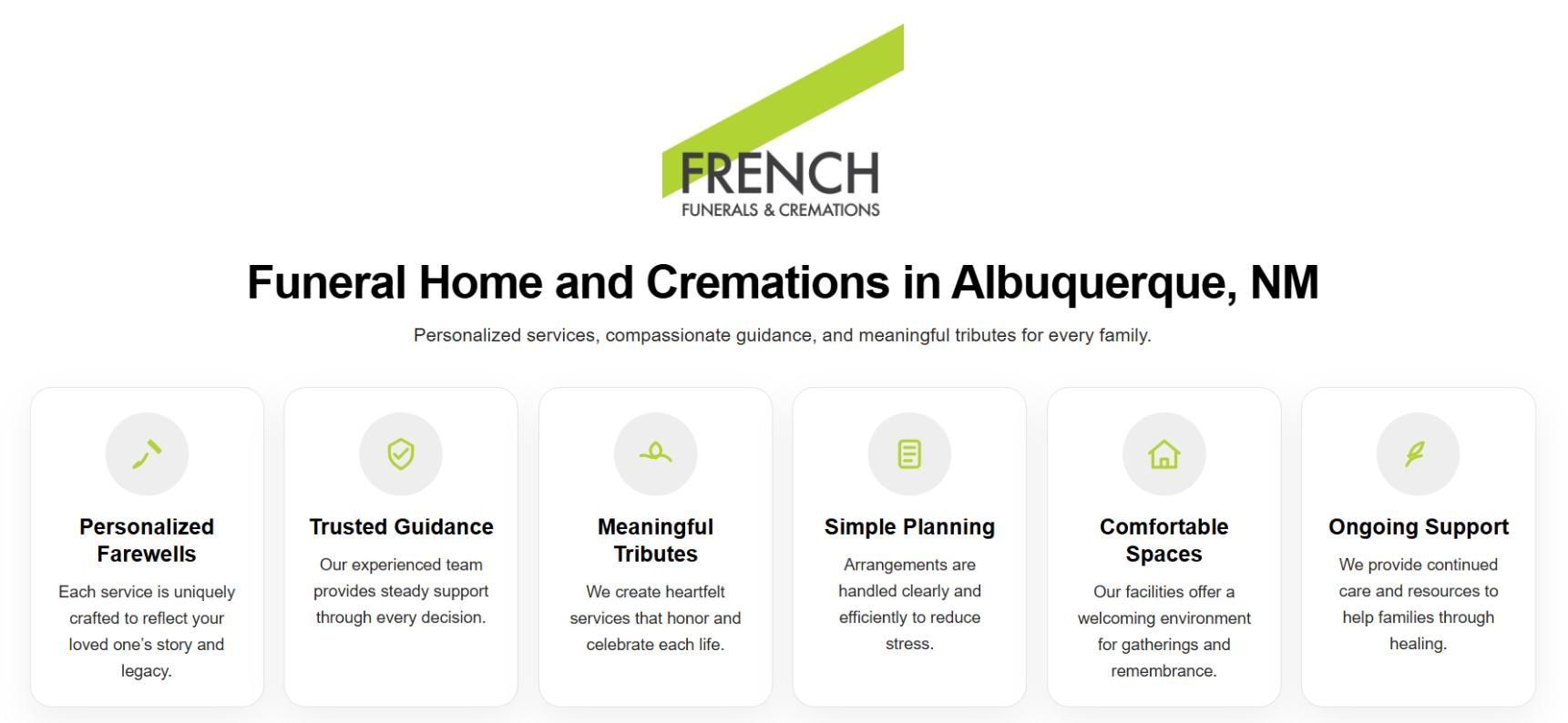 Infographic of services and support, funeral home and cremations Albuquerque, NM