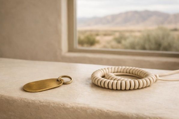 Unmarked key tag and cream telephone cord on an adobe reception counter overlooking the Bernalillo