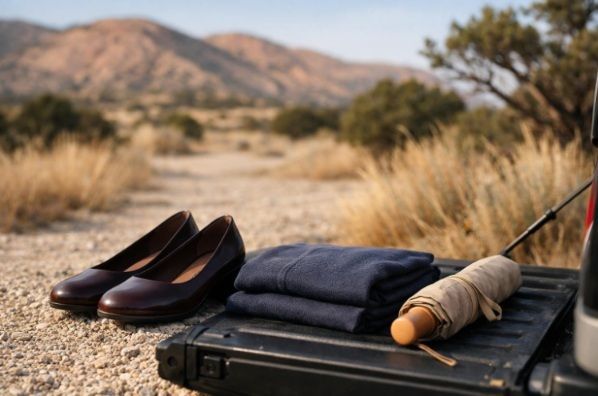 Closed-toe shoes, a navy cardigan, and a neutral umbrella prepared beside a gravel path
